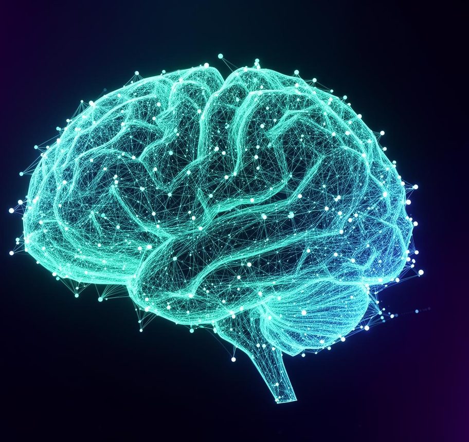 Rede neural luminosa representando agentes de IA e fluxos de dados conectados